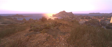 HD PC desktop wallpaper and background from the video game Arma 3: soldiers prone on a rocky hill overlooking a coastal town at sunset.