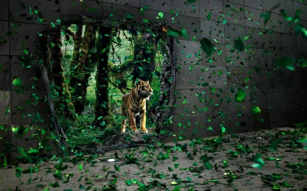 HD desktop wallpaper of a tiger standing at a broken wall opening, with a forest backdrop and green shards scattered around.