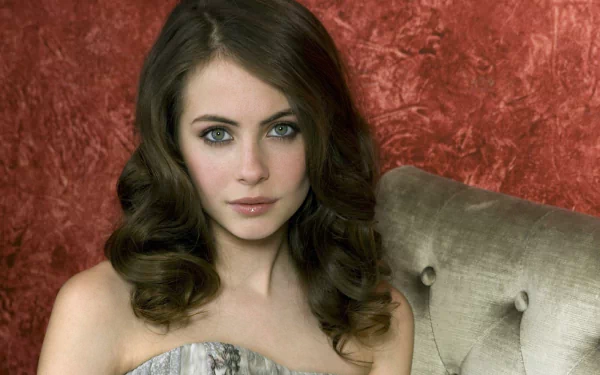 A striking HD desktop wallpaper featuring celebrity Willa Holland, showcasing her elegant pose against a textured red background.