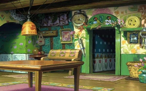 Anime HD PC desktop wallpaper: The Secret World of Arrietty — sunlit Borrower kitchen with wooden table, hanging lamp, green floral walls and an open doorway.