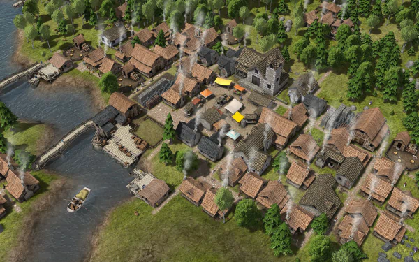 HD PC desktop wallpaper/background showing an overhead view of a riverside medieval village from the video game Banished, with timber houses, a church, docks and surrounding forest.