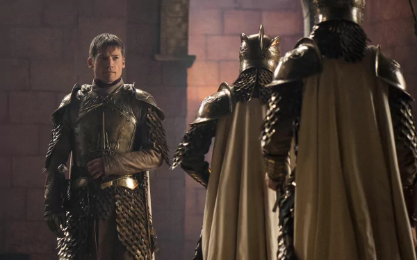 4K Ultra HD PC desktop wallpaper: a TV show scene with an armored knight in a dim castle chamber facing cloaked guards, evoking the cinematic Game of Thrones atmosphere.