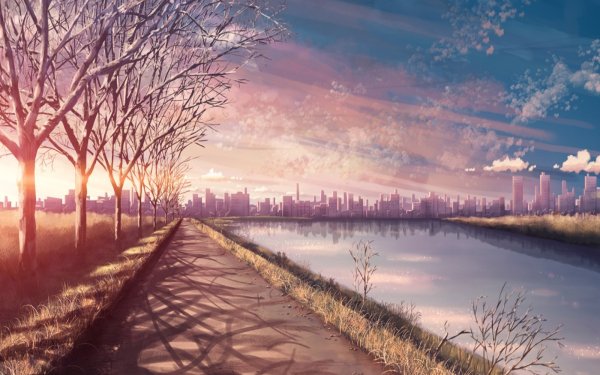 Anime River City Tree Sky Sunset Landscape HD Wallpaper | Background Image