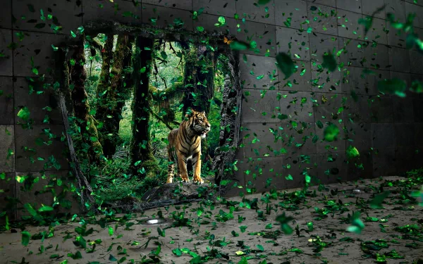 HD desktop wallpaper of a tiger standing at a broken wall opening, with a forest backdrop and green shards scattered around.