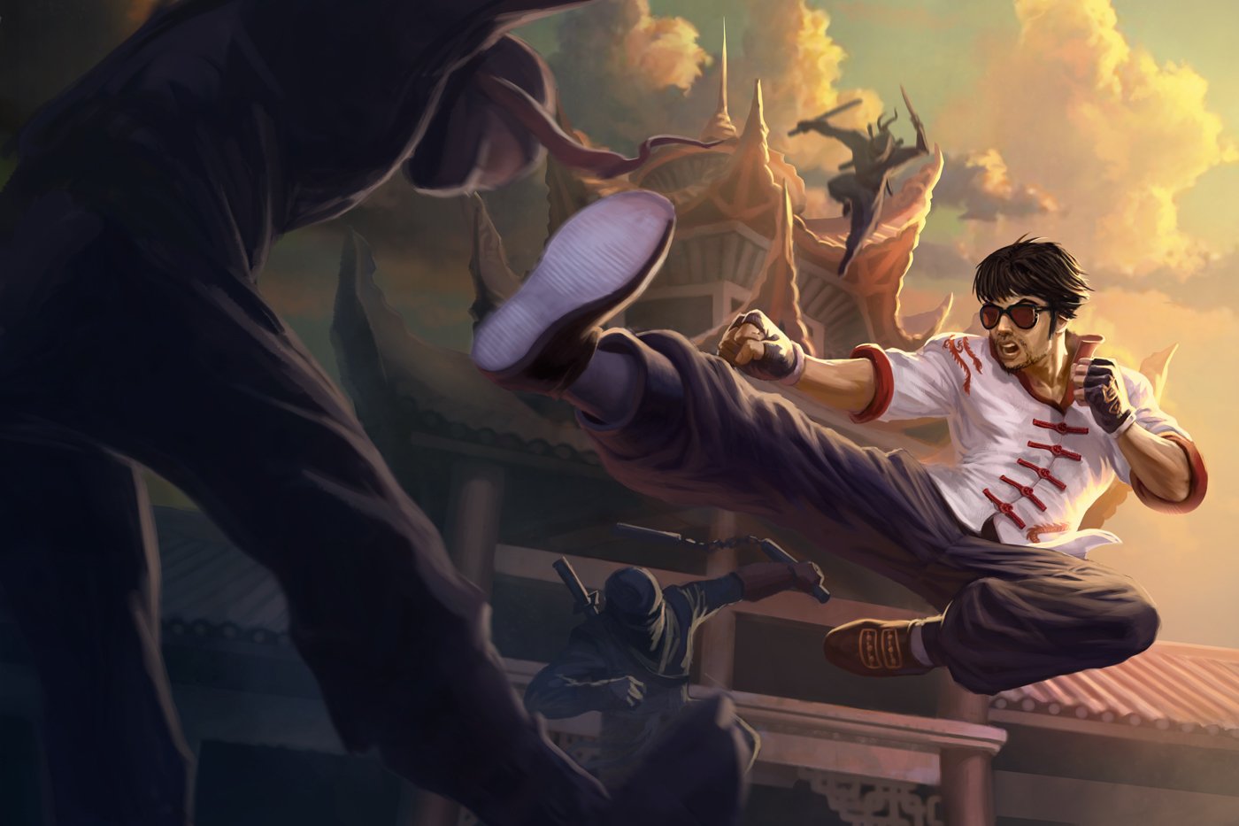 HD PC desktop wallpaper of Lee Sin from League of Legends in mid-air performing a dynamic martial arts kick during an intense video game battle.