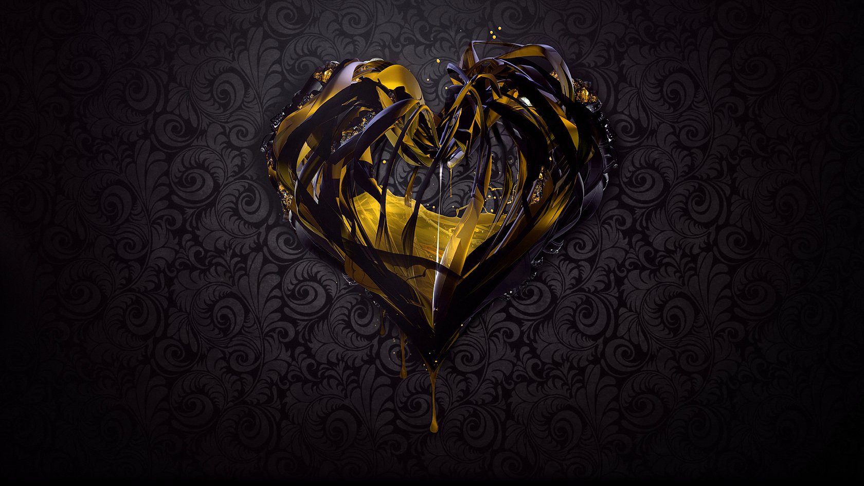 Artistic HD PC desktop wallpaper featuring a heart-shaped design with dark and golden metallic textures against an ornate black patterned background, symbolizing love.