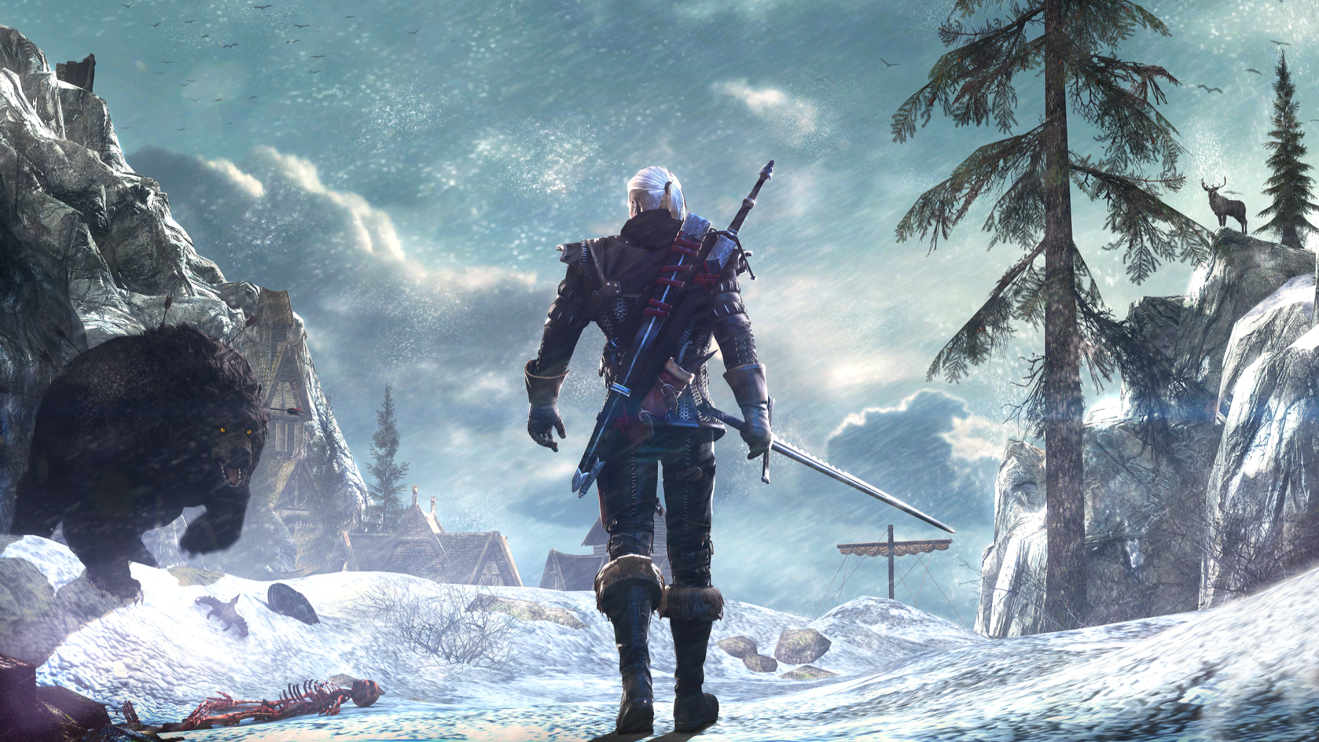 HD desktop wallpaper of Geralt of Rivia from The Witcher 3: Wild Hunt, walking through a snowy landscape with mountains and trees in the background.