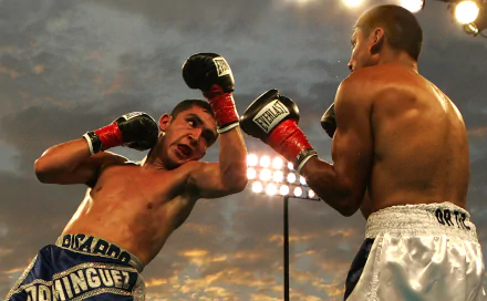 HD desktop wallpaper featuring boxers Rafael Ortiz and Ricardo Dominguez in an intense boxing match under stadium lights.