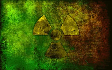 HD desktop wallpaper featuring a sci-fi radioactive trifoil symbol on a textured green and brown background.