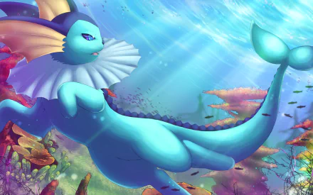 HD desktop wallpaper featuring Vaporeon, a water Pokémon, swimming gracefully underwater with vibrant coral and fish in the background, inspired by the anime.