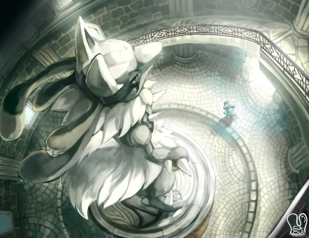 A stunning HD desktop wallpaper featuring the Pokémon Lucario in an anime style. The image shows Lucario standing in a grand, intricately designed structure with light streaming from above.