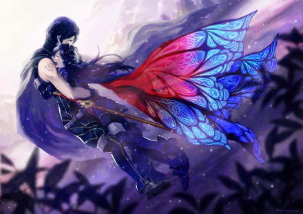 Lucina and Chrom from Fire Emblem: Awakening are depicted in a vibrant, HD wallpaper, showcasing their dynamic bond with stunning butterfly wings and a magical backdrop.