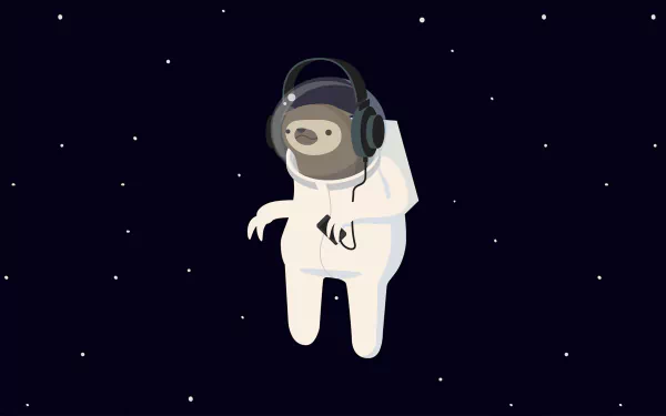 HD desktop wallpaper of a funny sloth floating in space wearing headphones and an astronaut suit against a starry black background.