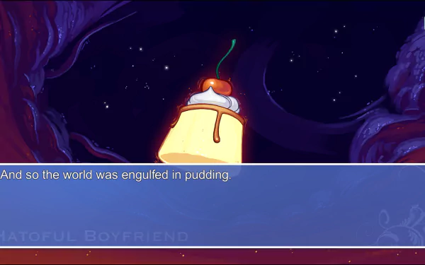 HD desktop wallpaper from Hatoful Boyfriend game, featuring a whimsical scene with a giant pudding under a starry sky and a caption.