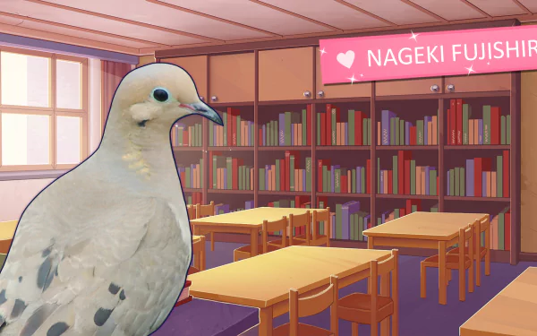 HD wallpaper of Hatoful Boyfriend featuring Nageki Fujishiro, a pigeon character, in front of a cartoon library background.