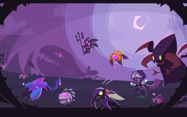 An HD desktop wallpaper featuring League of Legends characters Vel'Koz, Kha’Zix, Malzahar, Kassadin, Cho’Gath, Fizz, and Rek’Sai in a colorful, animated style against a surreal purple background.