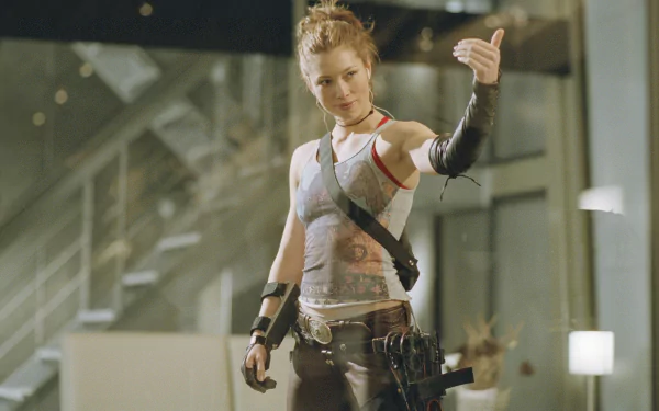 Jessica Biel in a scene from the movie Blade: Trinity, featured in a high-definition PC desktop wallpaper background.