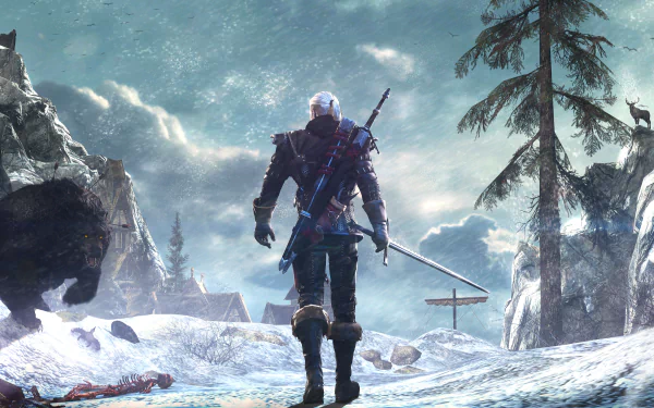 HD desktop wallpaper of Geralt of Rivia from The Witcher 3: Wild Hunt, walking through a snowy landscape with mountains and trees in the background.