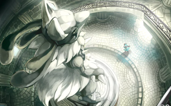 A stunning HD desktop wallpaper featuring the Pokémon Lucario in an anime style. The image shows Lucario standing in a grand, intricately designed structure with light streaming from above.