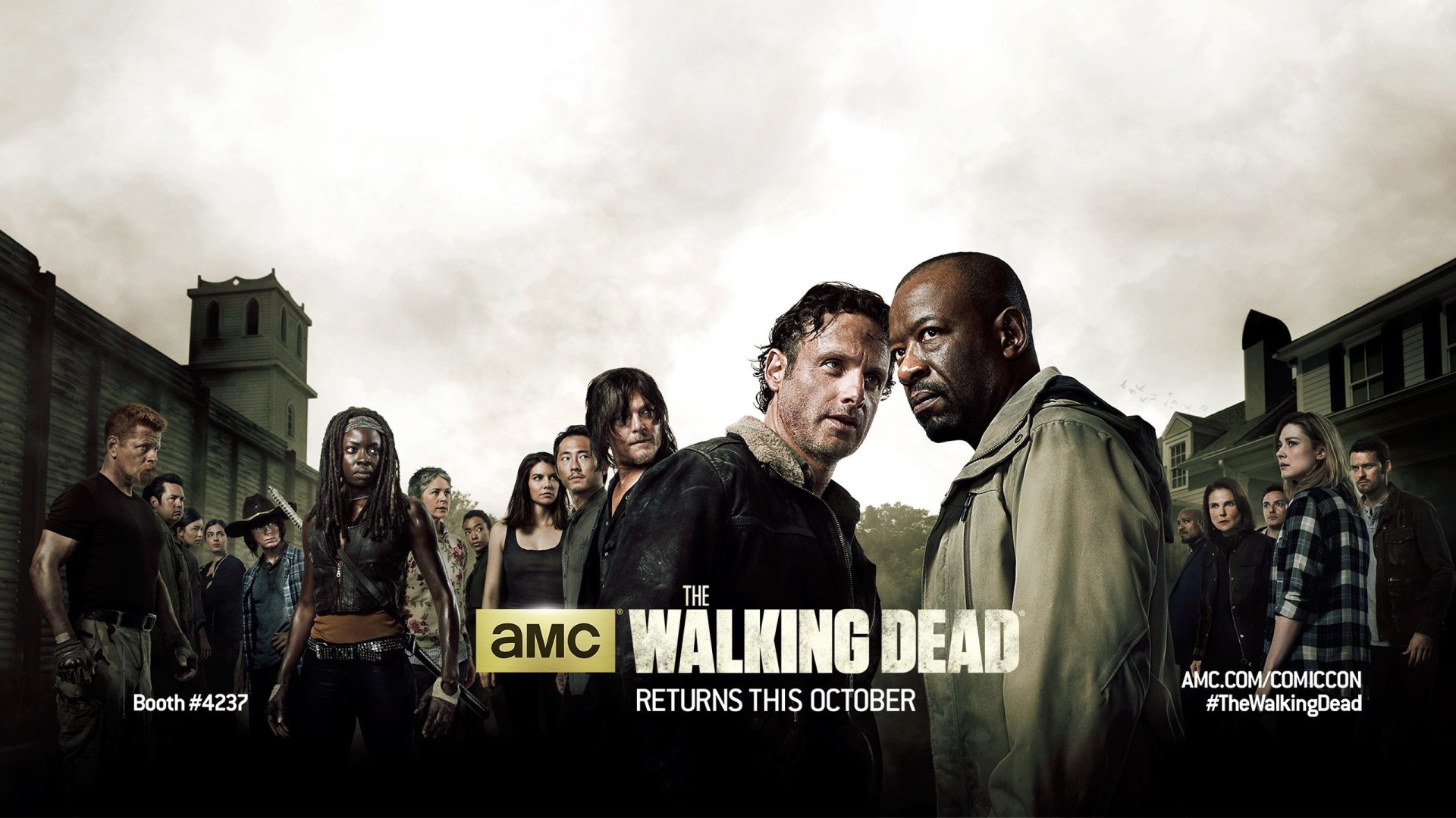 A dramatic HD desktop wallpaper featuring characters from the TV show The Walking Dead, showcasing key figures against a somber backdrop. The series returns this October.