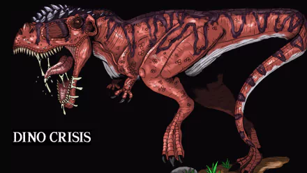 HD PC desktop wallpaper for the video game Dino Crisis 2: a snarling red T. rex–style dinosaur baring long teeth against a black background.