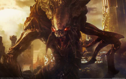 2K Quad HD PC desktop wallpaper: a dark, horned demon with glowing red eyes rampages through a ruined city — StarCraft II Dark Gaming video game theme.