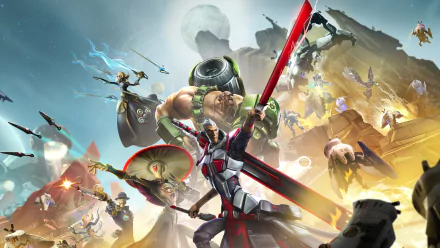 4K Ultra HD PC desktop wallpaper/background of Battleborn video game: diverse armored heroes and villains clash with glowing weapons beneath a moonlit sky.