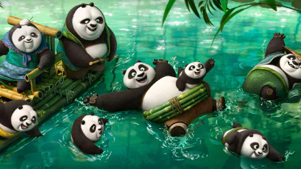 HD desktop wallpaper featuring Po and other pandas enjoying a splash in a serene water setting from the movie Kung Fu Panda 3.