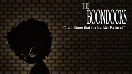 4K Ultra HD desktop wallpaper featuring a shadowed character from the TV show The Boondocks, with the quote I am Stone that the builder Refused against a brick wall background.