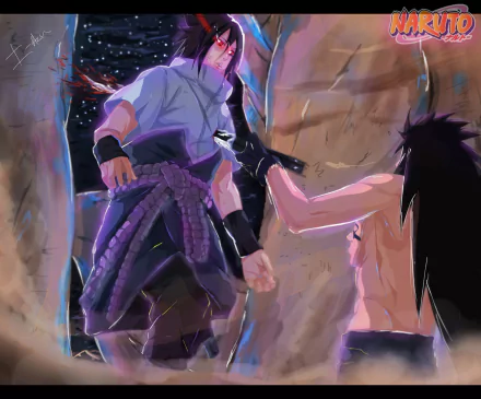 A vibrant HD wallpaper featuring Madara Uchiha and Sasuke Uchiha from the anime Naruto, set against a striking background that enhances their intense confrontation.