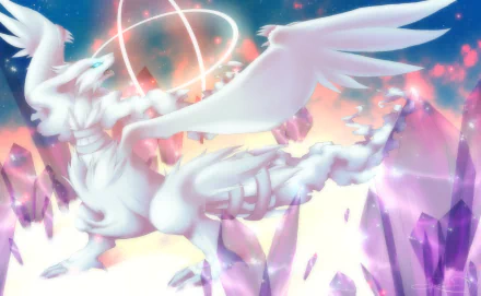 A stunning HD wallpaper featuring Reshiram, the legendary Pokémon, soaring among vibrant crystals and a colorful backdrop, capturing the essence of anime art style.