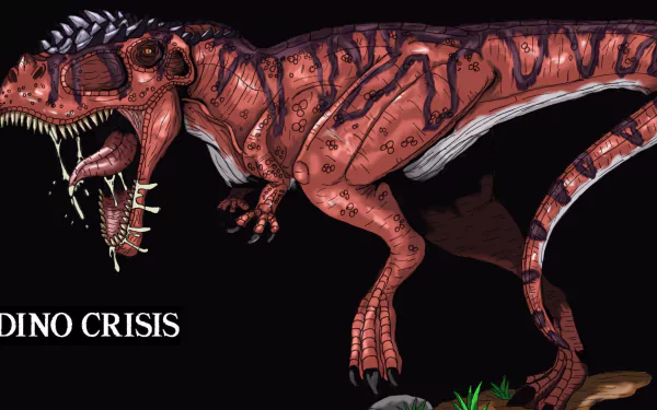 HD PC desktop wallpaper for the video game Dino Crisis 2: a snarling red T. rex–style dinosaur baring long teeth against a black background.