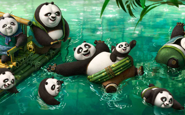 HD desktop wallpaper featuring Po and other pandas enjoying a splash in a serene water setting from the movie Kung Fu Panda 3.