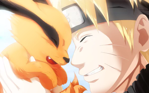 HD desktop wallpaper featuring Naruto Uzumaki and Kurama in a close, friendly moment from the anime Naruto.