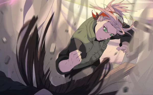HD PC desktop wallpaper featuring Sakura Haruno from the anime Naruto in an action pose, showcasing dynamic movement and vibrant colors.