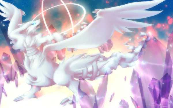 A stunning HD wallpaper featuring Reshiram, the legendary Pokémon, soaring among vibrant crystals and a colorful backdrop, capturing the essence of anime art style.