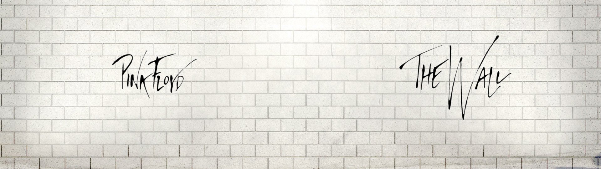 HD PC desktop wallpaper featuring a minimalist white brick wall background with Pink Floyd's iconic logos and album art elements in black.