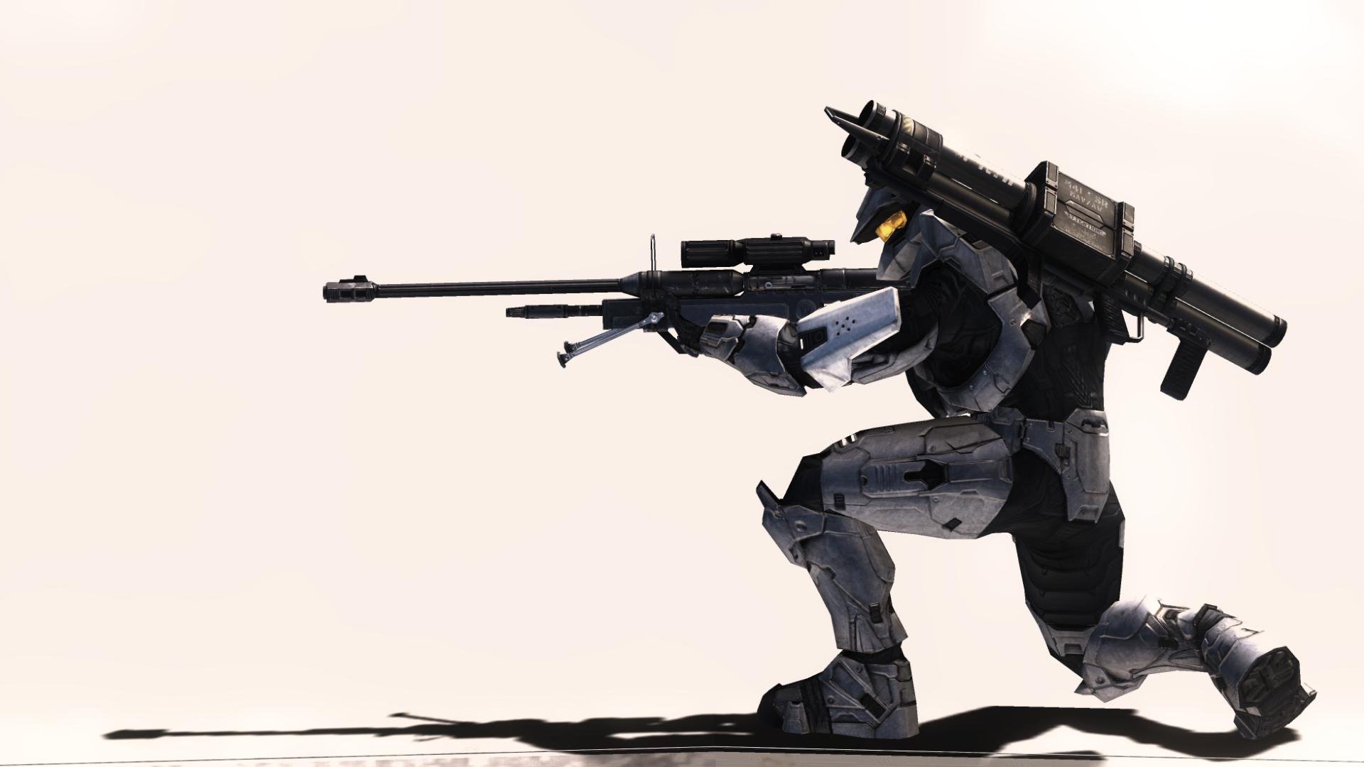 A dynamic HD desktop wallpaper featuring a Halo character in combat stance, equipped with a sniper rifle, showcasing a sleek and futuristic design.