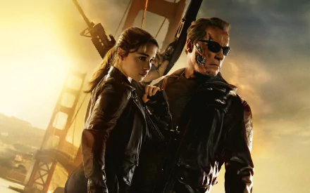 Arnold Schwarzenegger and Emilia Clarke in a scene from Terminator Genisys, set against a striking backdrop with a bridge, crafted as a HD desktop wallpaper and background.