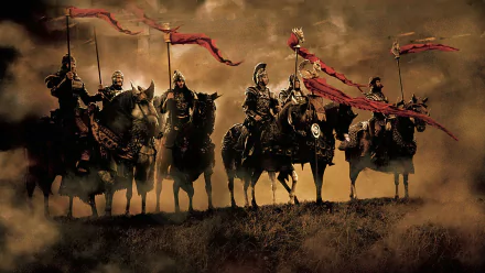 HD PC desktop wallpaper featuring a dramatic scene from the movie King Arthur with armored knights on horseback under a stormy sky.