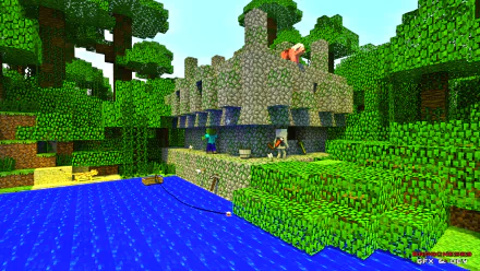 HD desktop wallpaper featuring a Minecraft scene with a pig on a stone fortress, lush green trees, and shimmering blue water in the foreground.