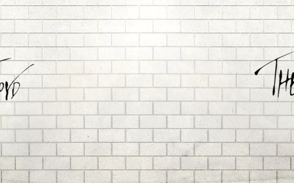 HD PC desktop wallpaper featuring a minimalist white brick wall background with Pink Floyd's iconic logos and album art elements in black.