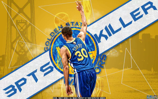 HD wallpaper featuring Stephen Curry in a Golden State Warriors jersey, celebrating a three-pointer against a dynamic, energetic background with the text 3PTS Killer.