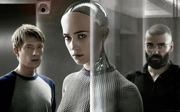 HD PC desktop wallpaper featuring key characters from the movie Ex Machina, highlighting the fusion of human and artificial intelligence.