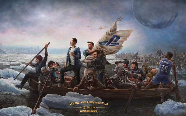 HD desktop wallpaper featuring a dramatic scene with various characters in a boat, led by a figure holding a flag with the PlayStation 4 logo. Text reads Where the Greatest Play.