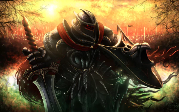 4K Ultra HD PC desktop wallpaper of a menacing armored knight with glowing red eyes, sword and shield against a burning battlefield — art from the video game Fable (2004).