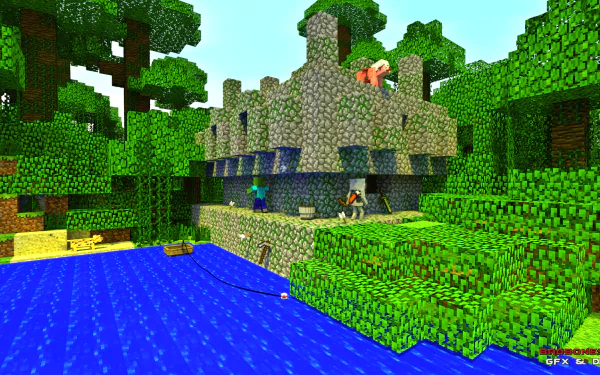 HD desktop wallpaper featuring a Minecraft scene with a pig on a stone fortress, lush green trees, and shimmering blue water in the foreground.