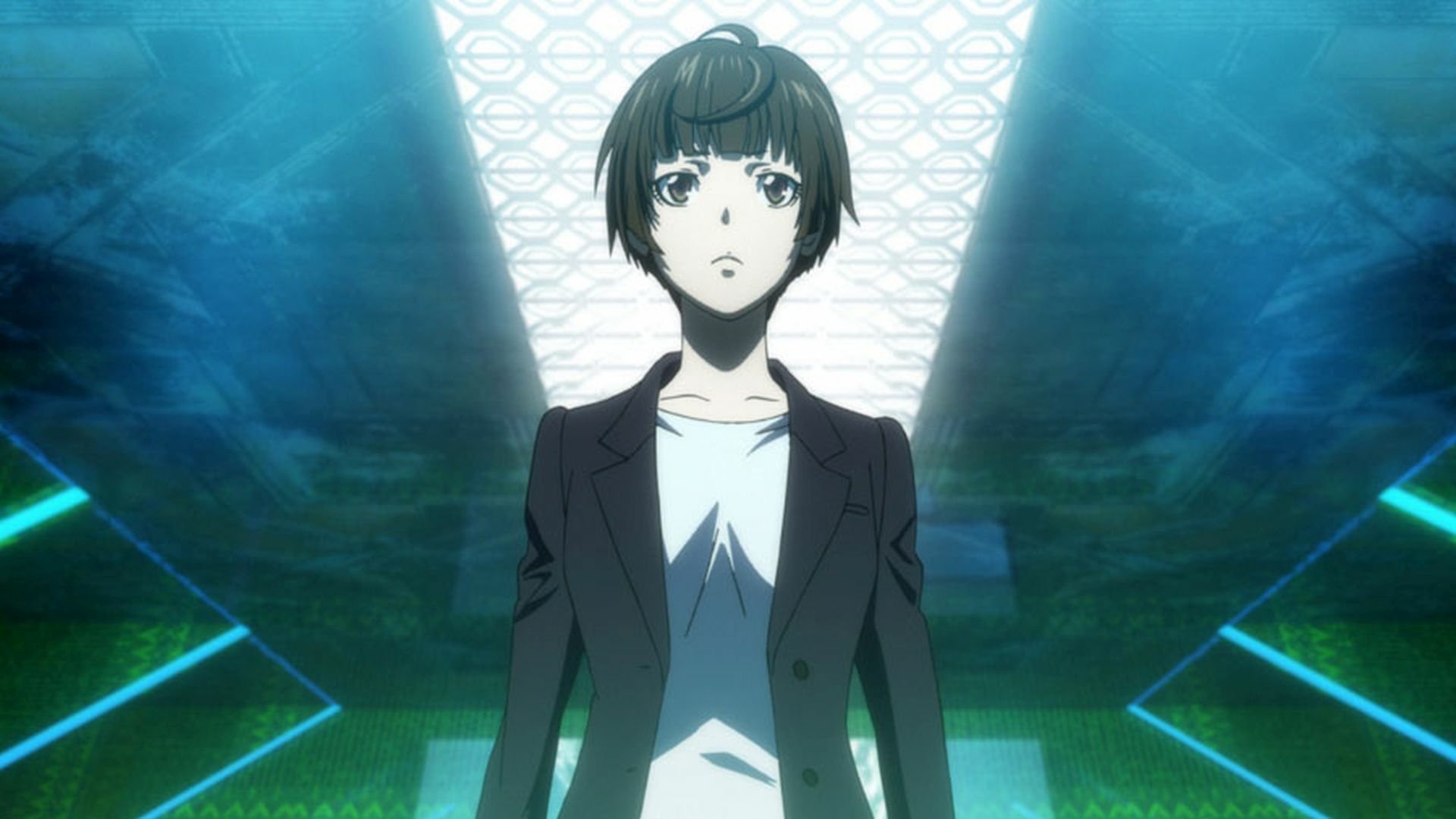 Anime Psycho-Pass Movie HD PC desktop wallpaper: a solemn young inspector with short black hair and blazer stands beneath a glowing ceiling in a blue-green futuristic corridor.