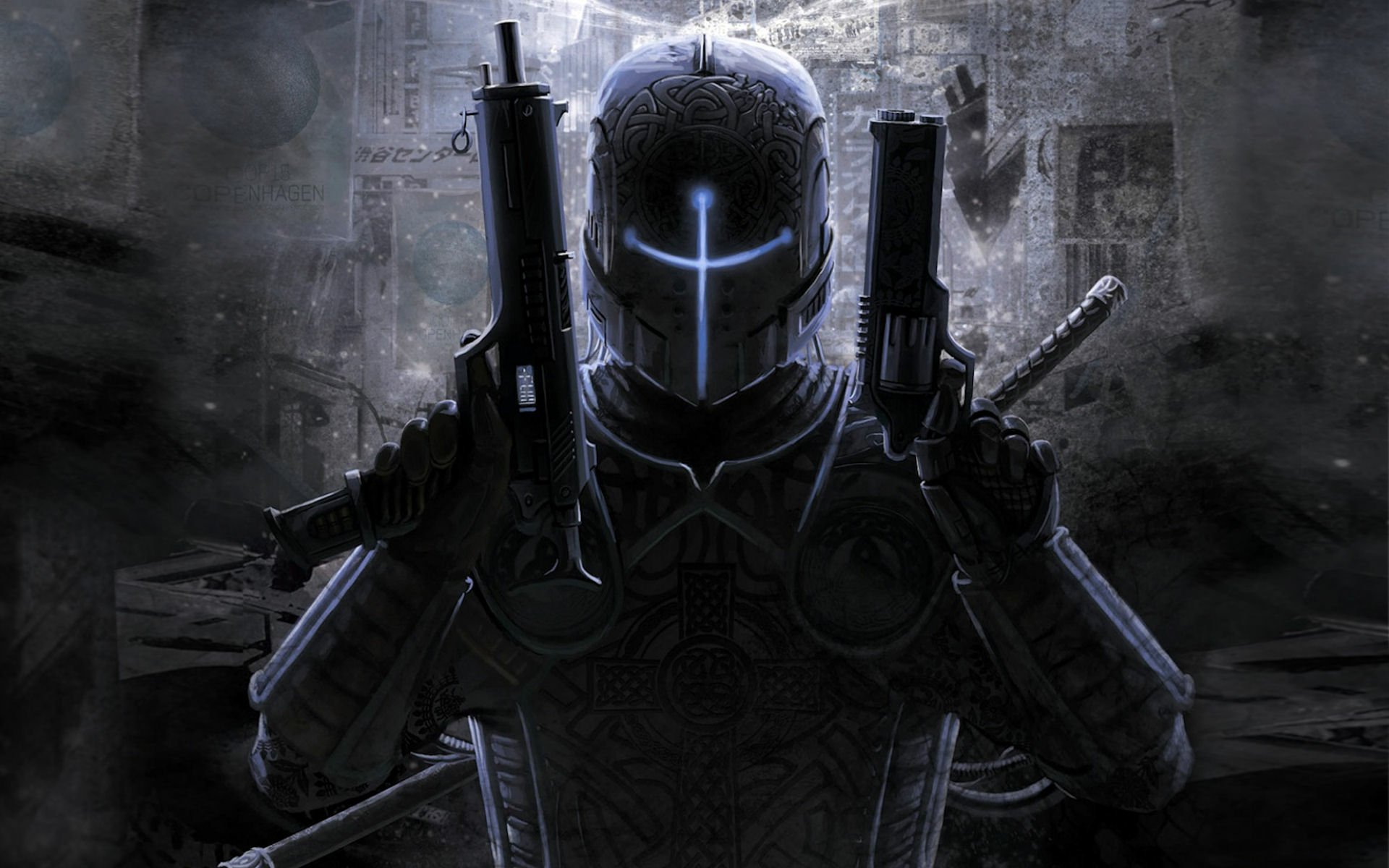 HD PC desktop wallpaper featuring a dark, cybernetic soldier holding dual guns from the video game E.Y.E: Divine Cybermancy in a dystopian, futuristic setting.