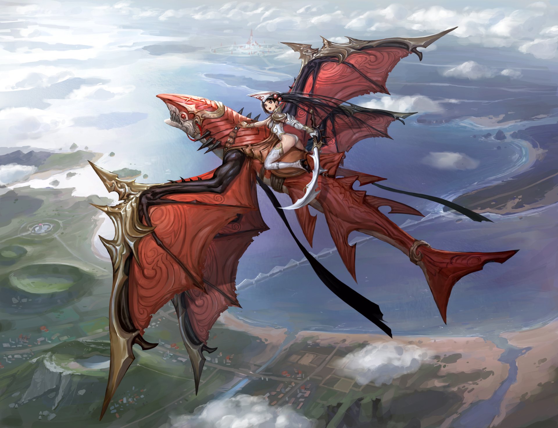 Fantasy woman warrior riding a red, winged drake above clouds, blades and flowing ribbons trailing — 2K Quad HD PC desktop wallpaper and background.